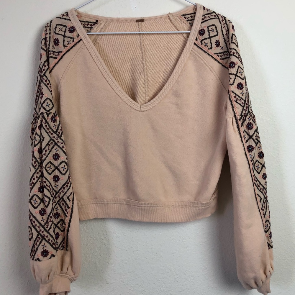 Free People Cropped Embroidered Sleeve Sweatshirt